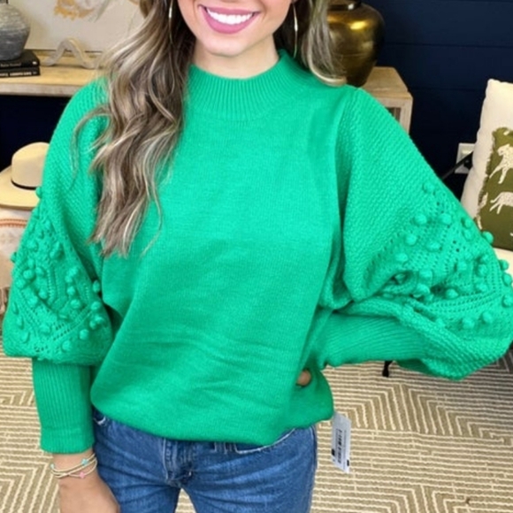 EUC Vibrant Green Sweater Textured Balloon Puff Sleeves Mock Nexk Charming Chic - Picture 1 of 14